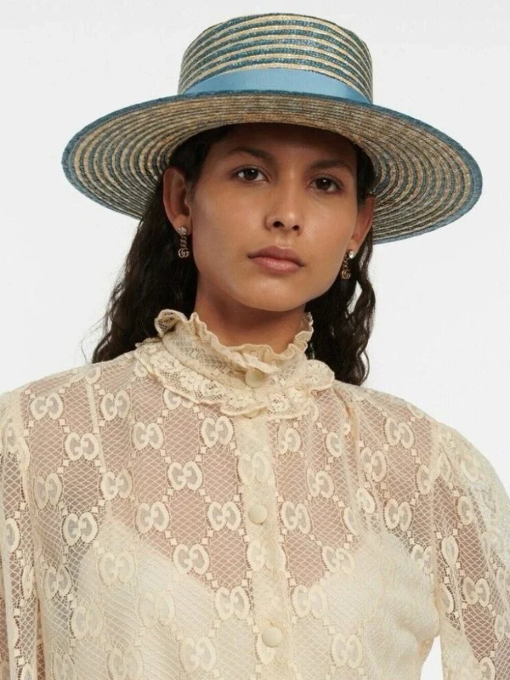 GUCCI Alvy Striped Beige and Light Blue Raffia Straw Hat - PRICE FIRM - Picture 15 of 16